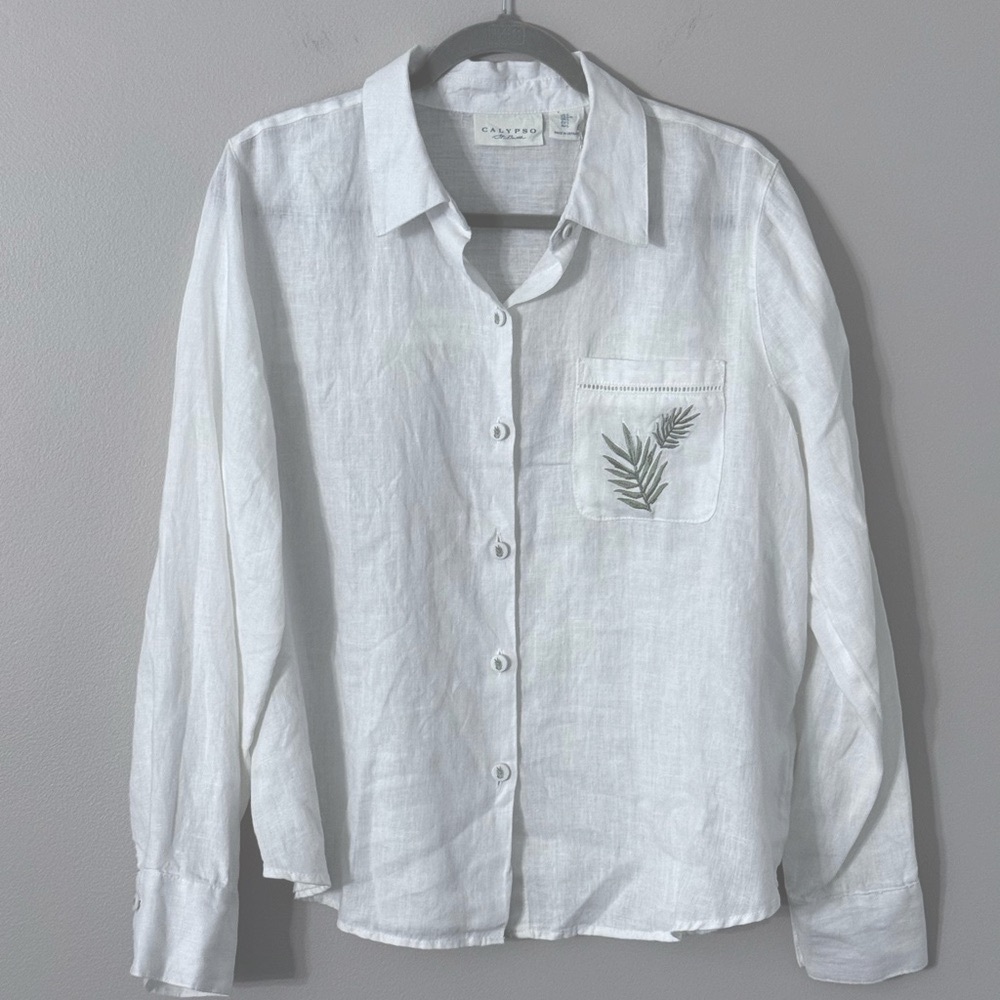 Calypso St. Barth White Button-Up Linen Tunic with Leaf Detail